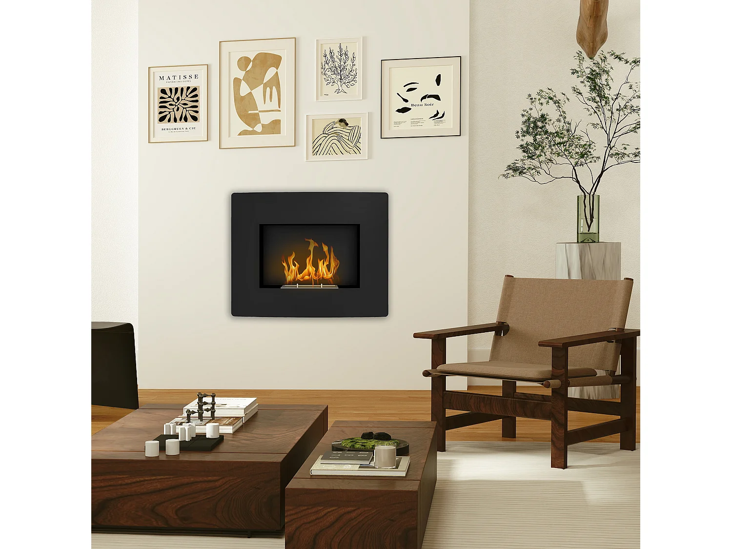 Cheminée bioéthanol encastrable design - 0,9L - 66 x 16 x 52 cm - acier inox. noir