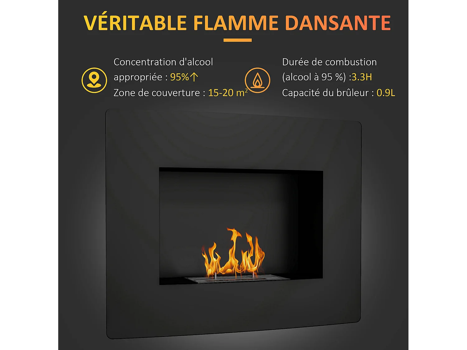 Cheminée bioéthanol encastrable design - 0,9L - 66 x 16 x 52 cm - acier inox. noir