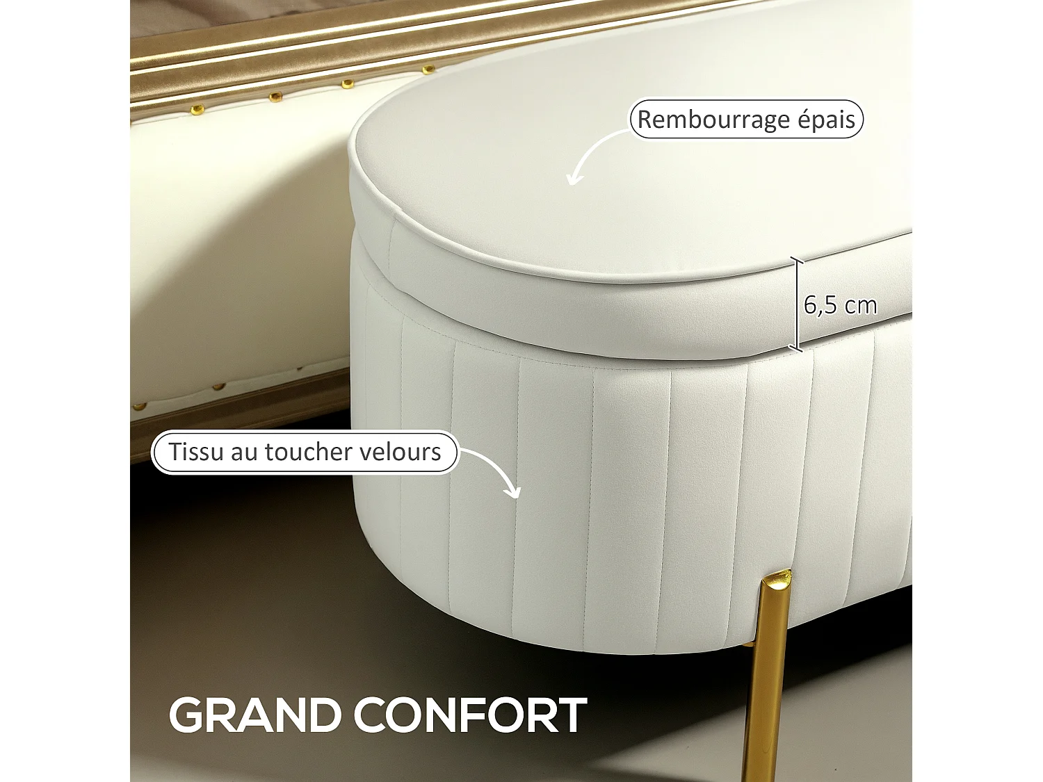 Banquette coffre 2 en 1 design ovale dim. 108x44x43cm velours crème