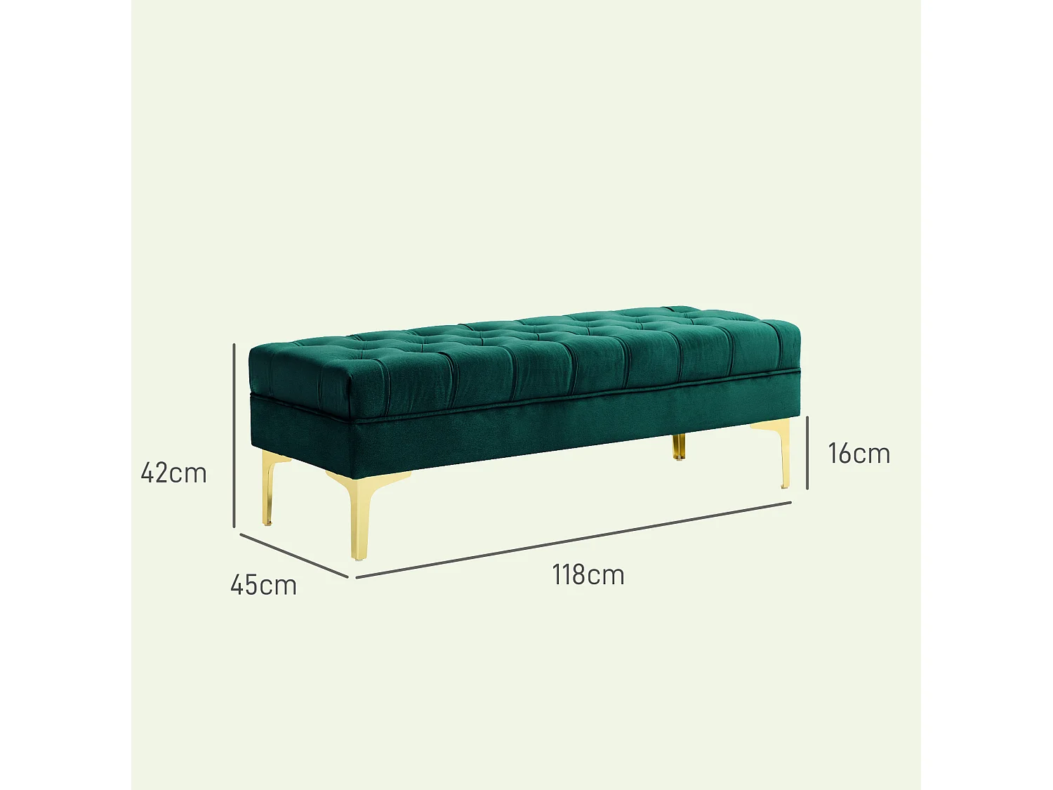 Banc banquette capitonnée style classique chic dim. 118L x 45l x 42H cm piètement métal doré velours vert