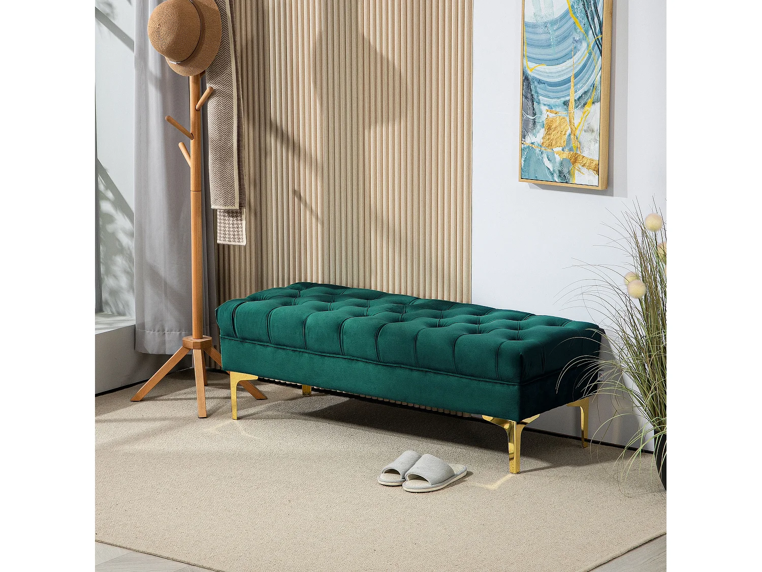Banc banquette capitonnée style classique chic dim. 118L x 45l x 42H cm piètement métal doré velours vert