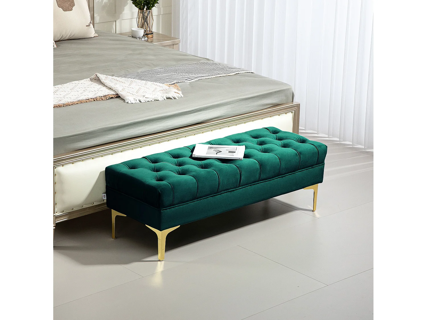 Banc banquette capitonnée style classique chic dim. 118L x 45l x 42H cm piètement métal doré velours vert