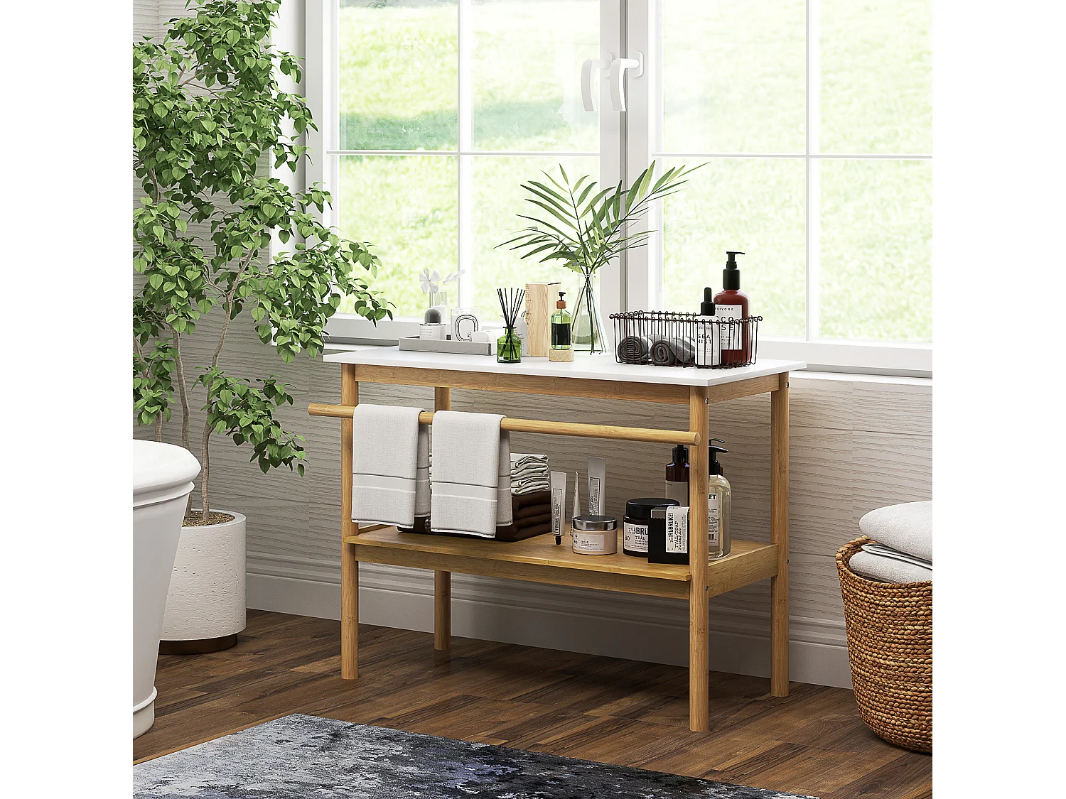 Étagère salle de bain style cosy bambou - 2 niveaux, porte-serviettes - dim. 100 x 48 x 75 cm - bois blanc