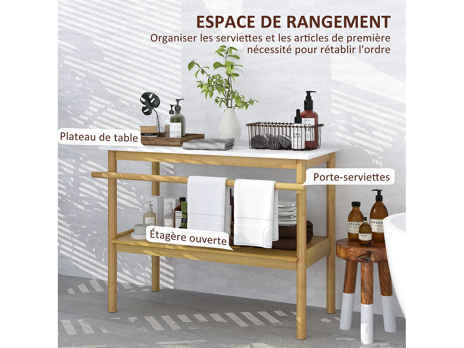 Étagère salle de bain style cosy bambou - 2 niveaux, porte-serviettes - dim. 100 x 48 x 75 cm - bois blanc