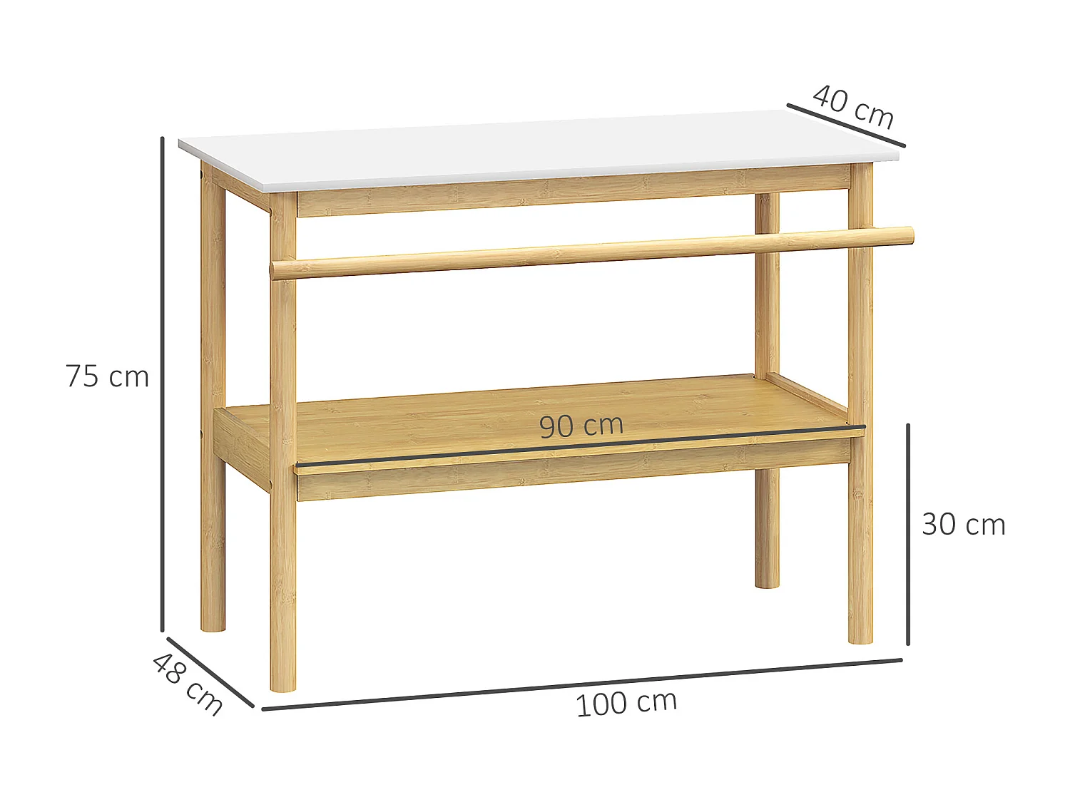 Étagère salle de bain style cosy bambou - 2 niveaux, porte-serviettes - dim. 100 x 48 x 75 cm - bois blanc