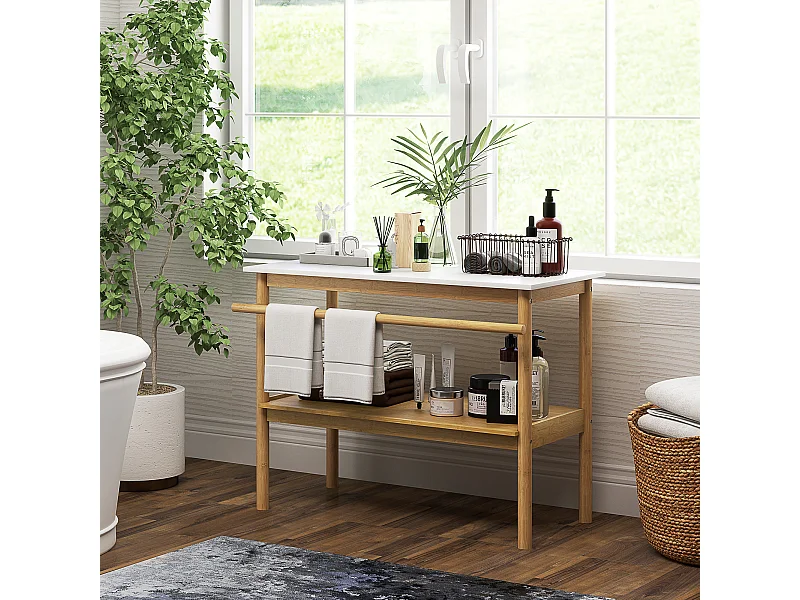 Étagère salle de bain style cosy bambou - 2 niveaux, porte-serviettes - dim. 100 x 48 x 75 cm - bois blanc