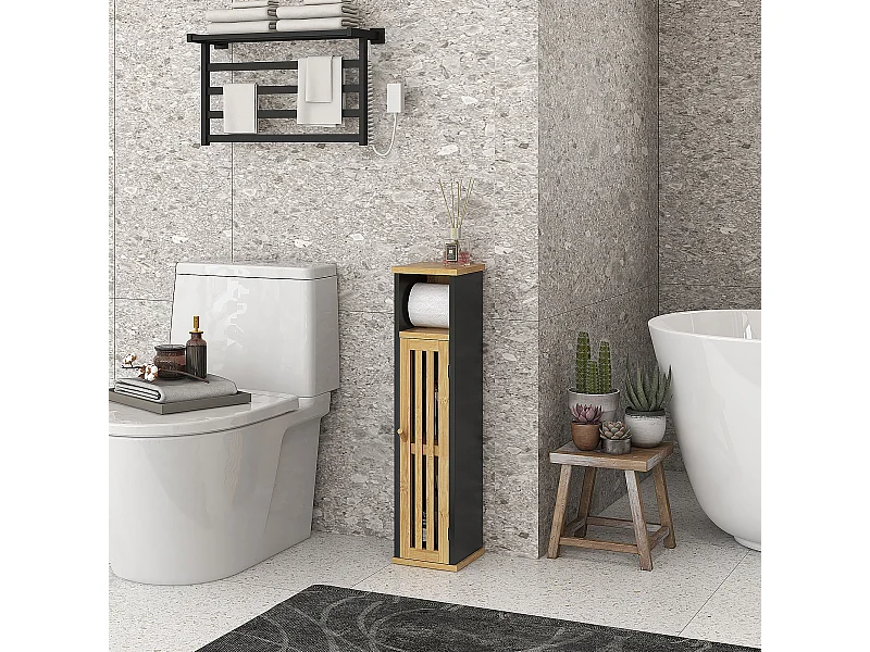 Meuble WC avec support papier toilette - porte, étagère - MDF noir bambou verni