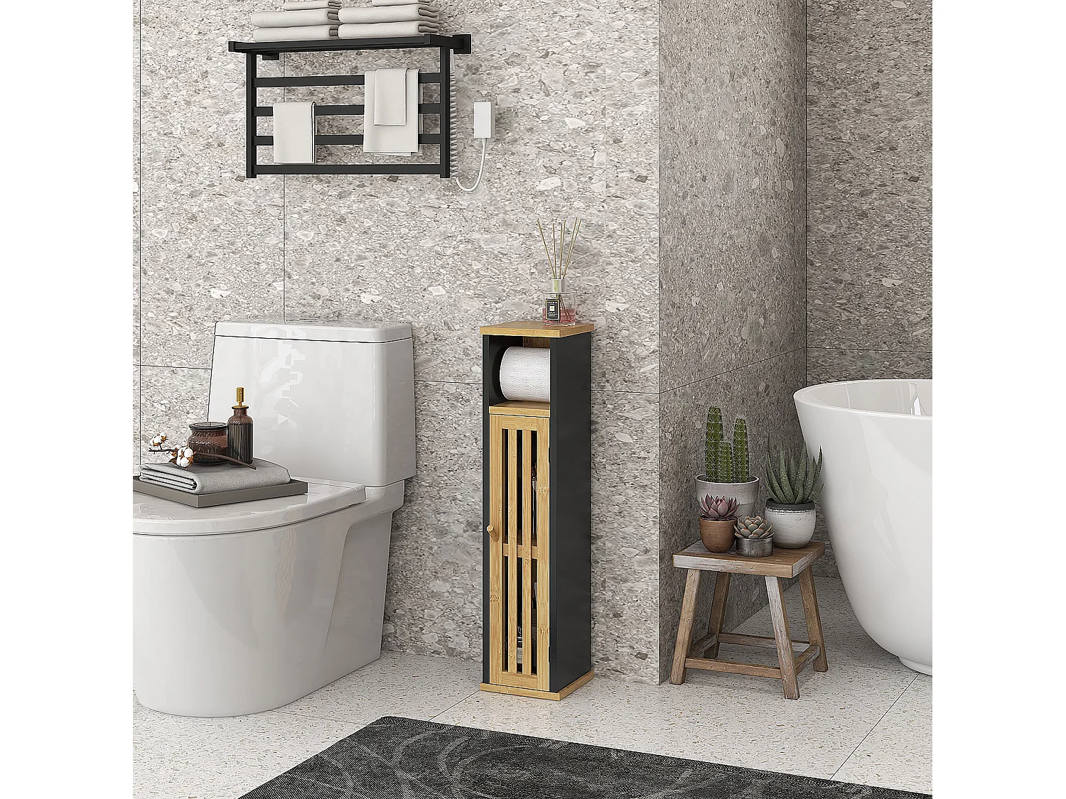Meuble WC avec support papier toilette - porte, étagère - MDF noir bambou verni