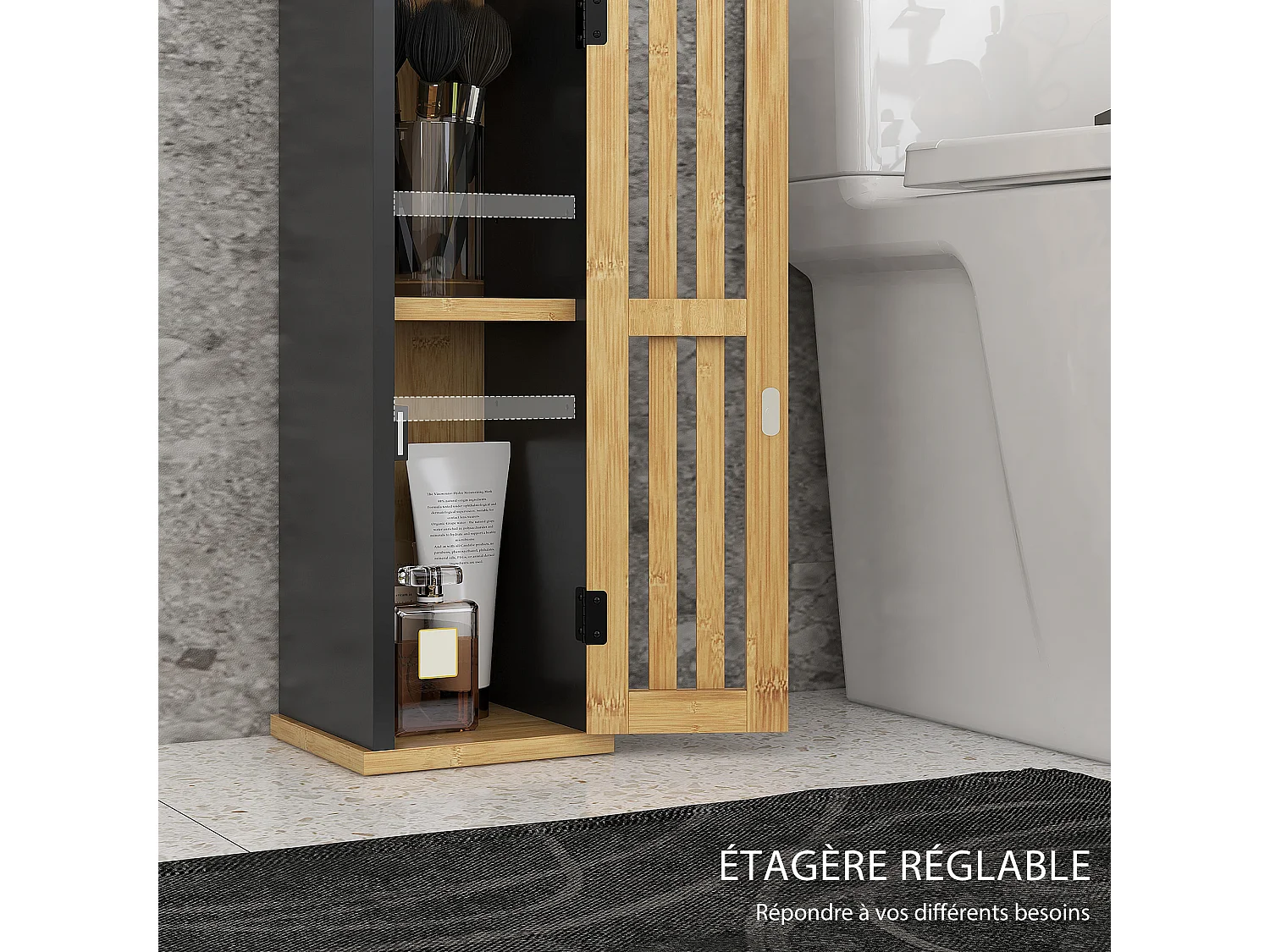 Meuble WC avec support papier toilette - porte, étagère - MDF noir bambou verni