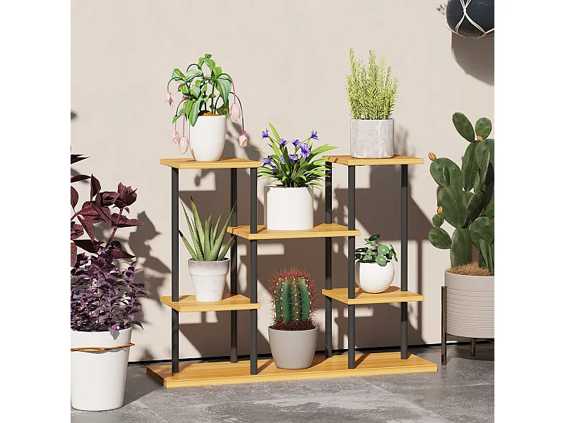 Étagère à fleurs étagère pour plantes 6 tablettes 80 x 24 x 61 cm acier noir bois verni
