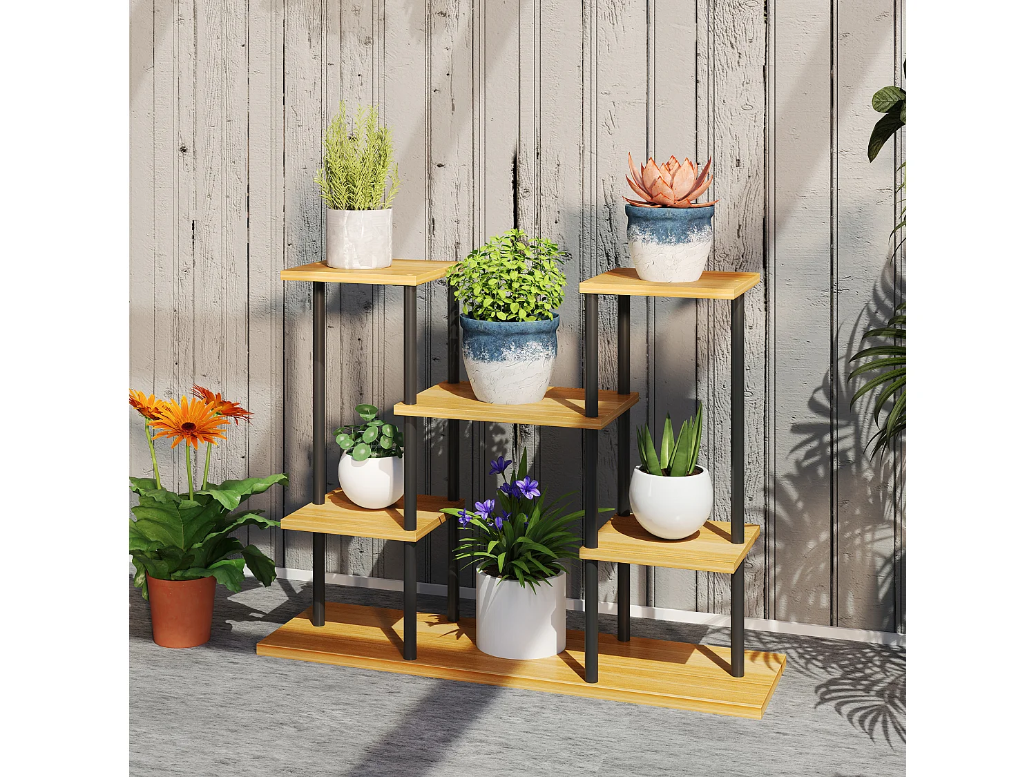 Étagère à fleurs étagère pour plantes 6 tablettes 80 x 24 x 61 cm acier noir bois verni