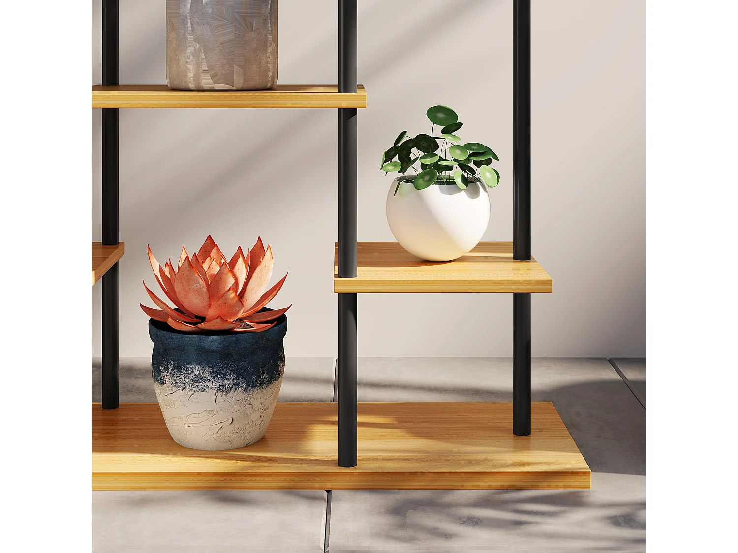 Étagère à fleurs étagère pour plantes 6 tablettes 80 x 24 x 61 cm acier noir bois verni