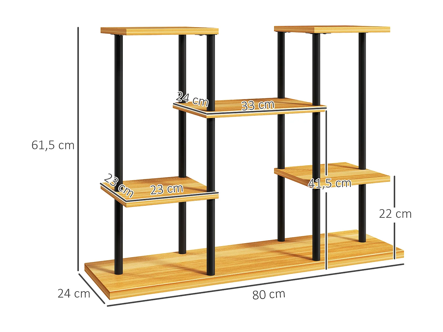 Étagère à fleurs étagère pour plantes 6 tablettes 80 x 24 x 61 cm acier noir bois verni