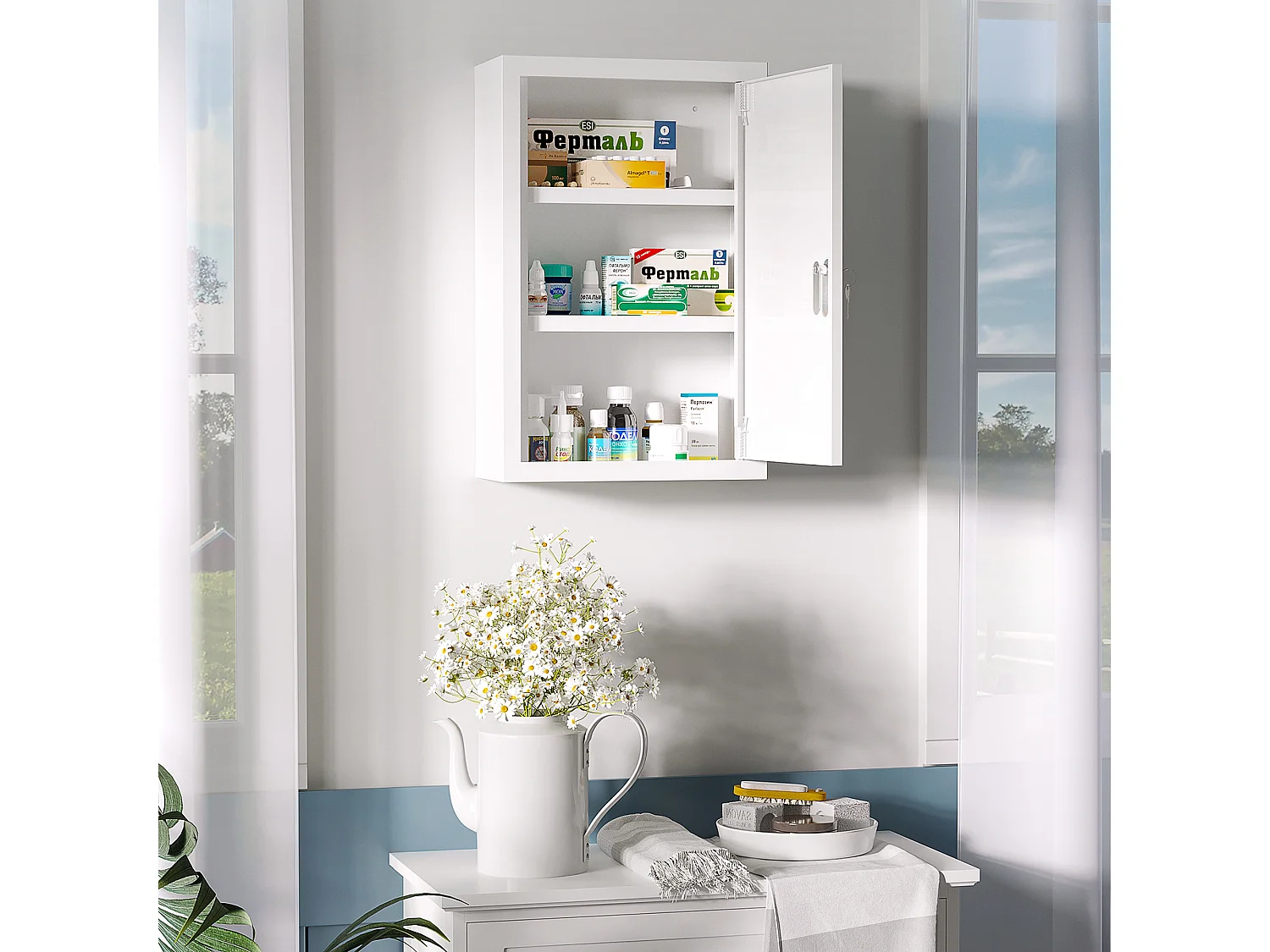 Armoire à pharmacie verrouillable 3 niv. 2 clés logo croix acier blanc