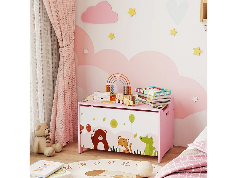 Coffre à jouets en bois - rangement enfant - coffre à jouets animaux - blanc rose