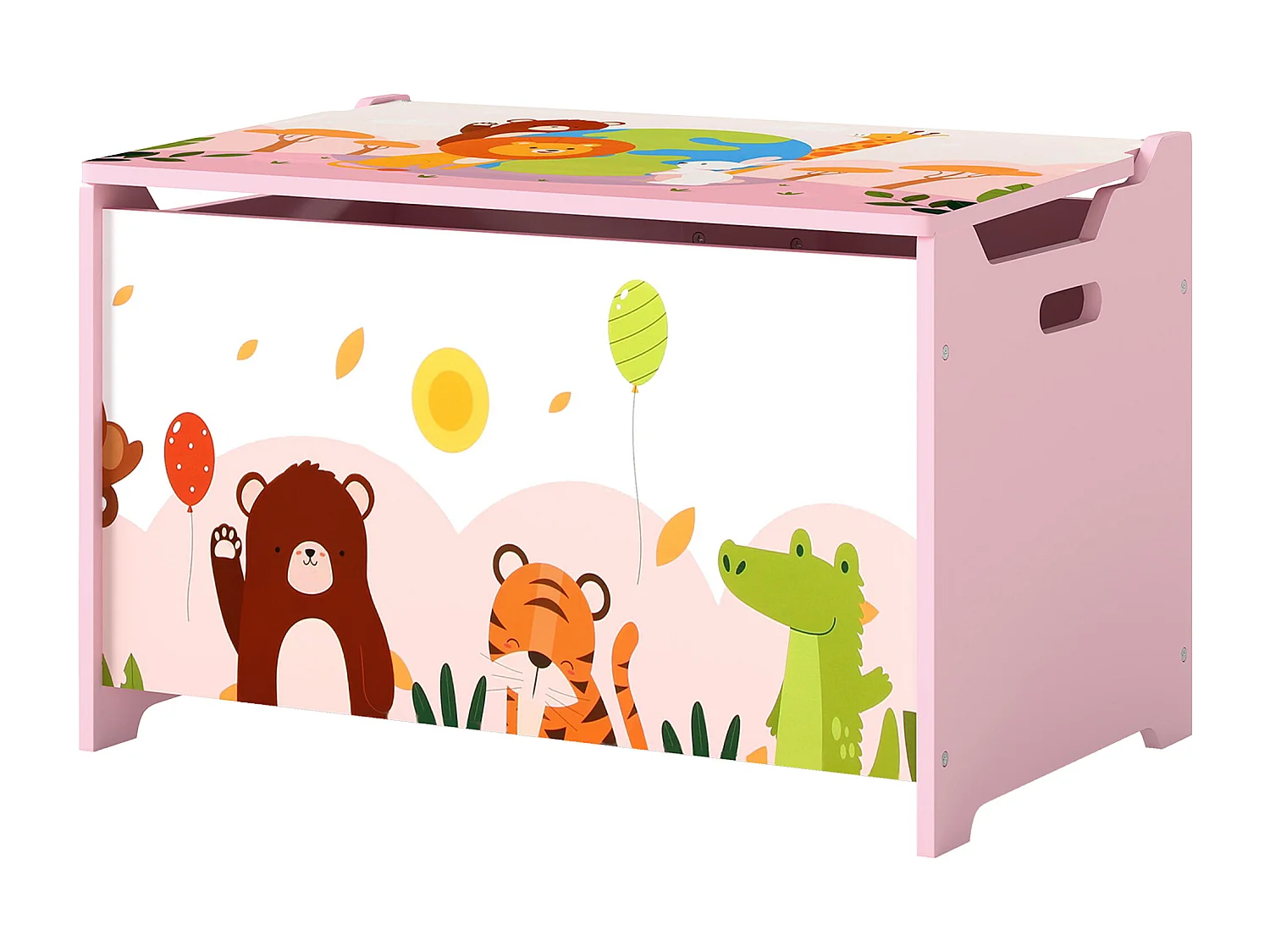 Coffre à jouets en bois - rangement enfant - coffre à jouets animaux - blanc rose