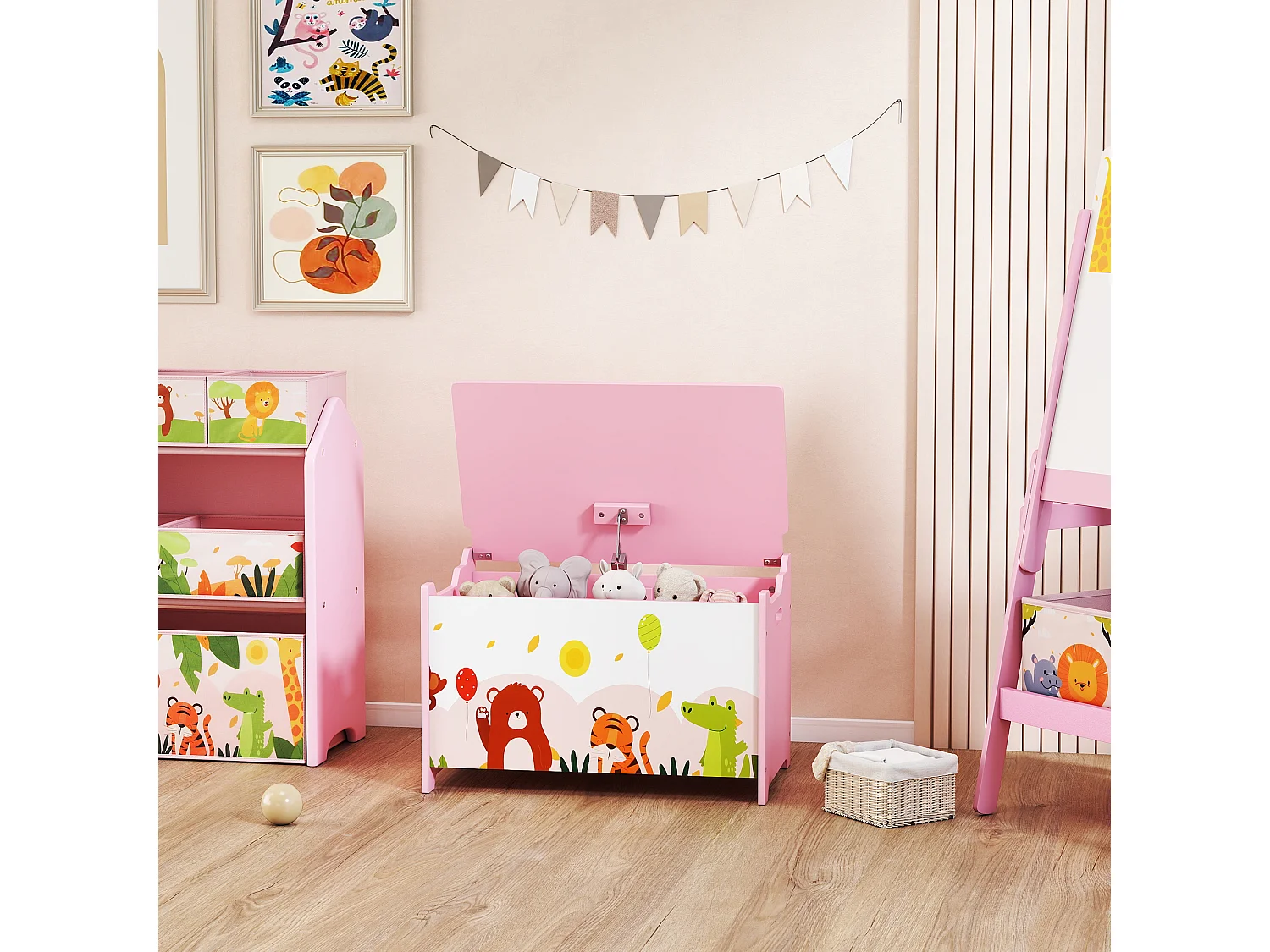 Coffre à jouets en bois - rangement enfant - coffre à jouets animaux - blanc rose