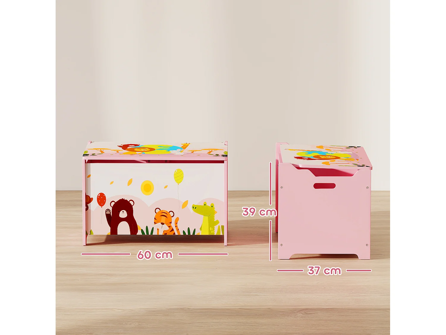 Coffre à jouets en bois - rangement enfant - coffre à jouets animaux - blanc rose