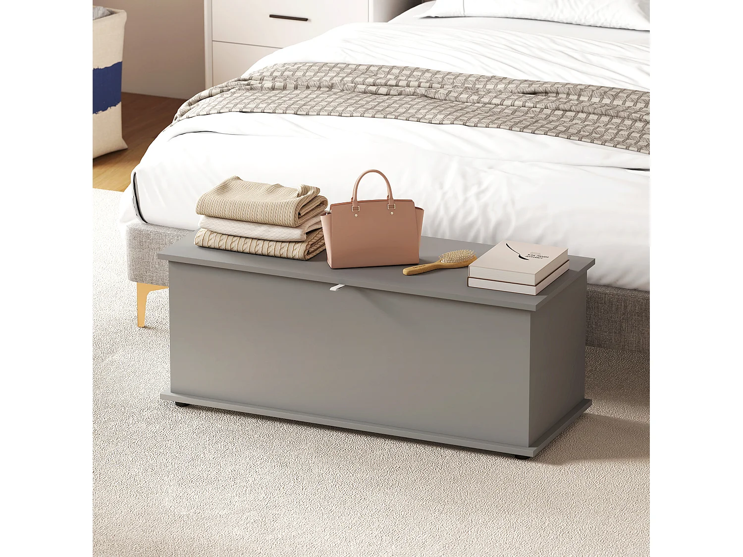 Coffre malle de rangement coffre à jouets dim. 100L x 40l x 40H cm panneaux particules gris