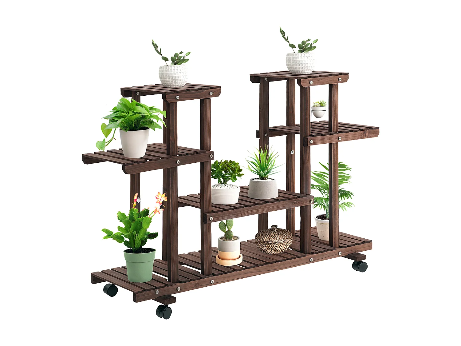 Étagère à fleurs support de plantes 4 niveaux roulettes bois sapin carbonisé