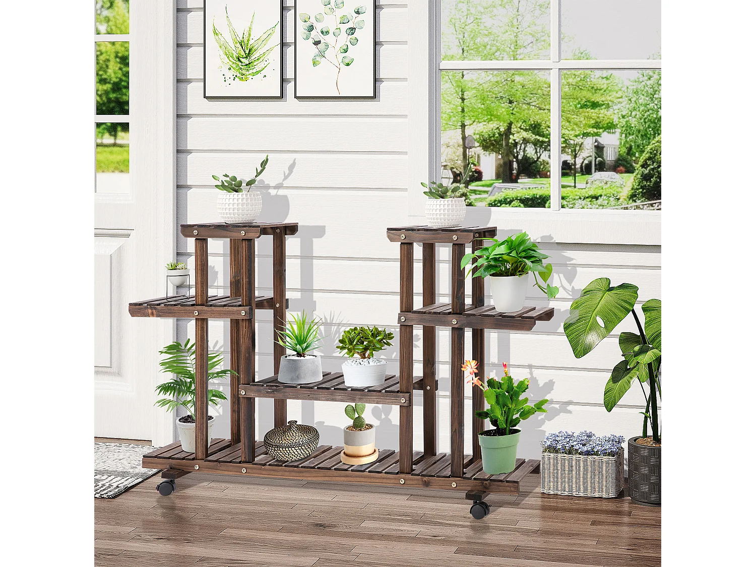 Étagère à fleurs support de plantes 4 niveaux roulettes bois sapin carbonisé