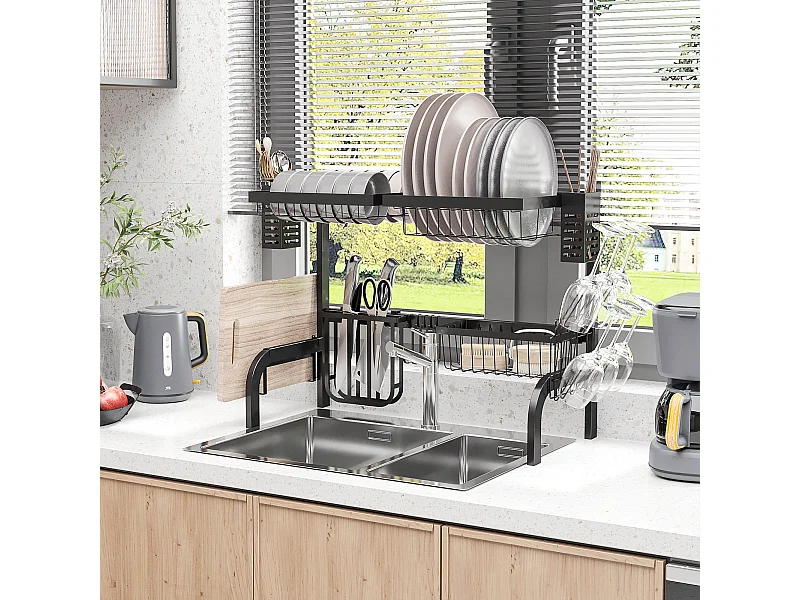 Égouttoir à vaiselle - organiseur d'évier - 9 espaces de séchage - acier noir