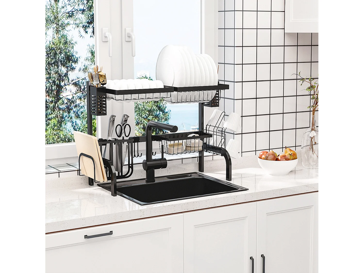 Égouttoir à vaiselle - organiseur d'évier - 9 espaces de séchage - acier noir