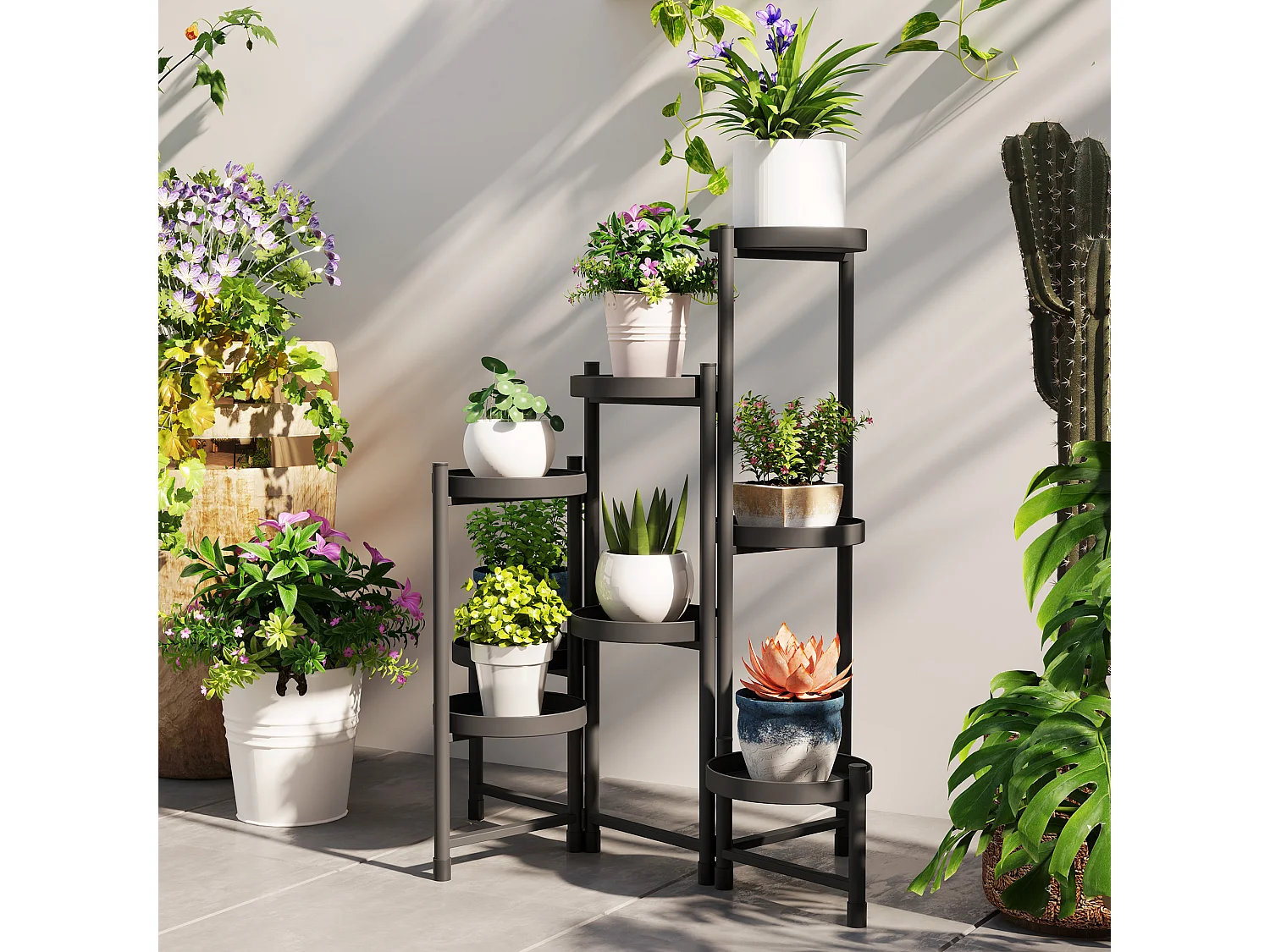 Étagère à fleurs design pliable - étagère pour plantes - 8 niveaux - métal thermolaqué noir