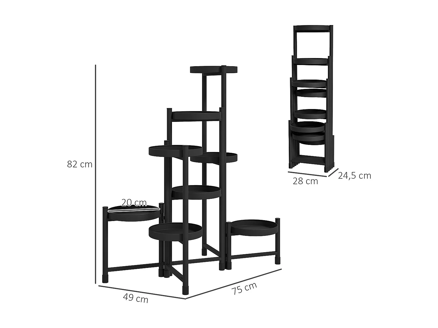 Étagère à fleurs design pliable - étagère pour plantes - 8 niveaux - métal thermolaqué noir