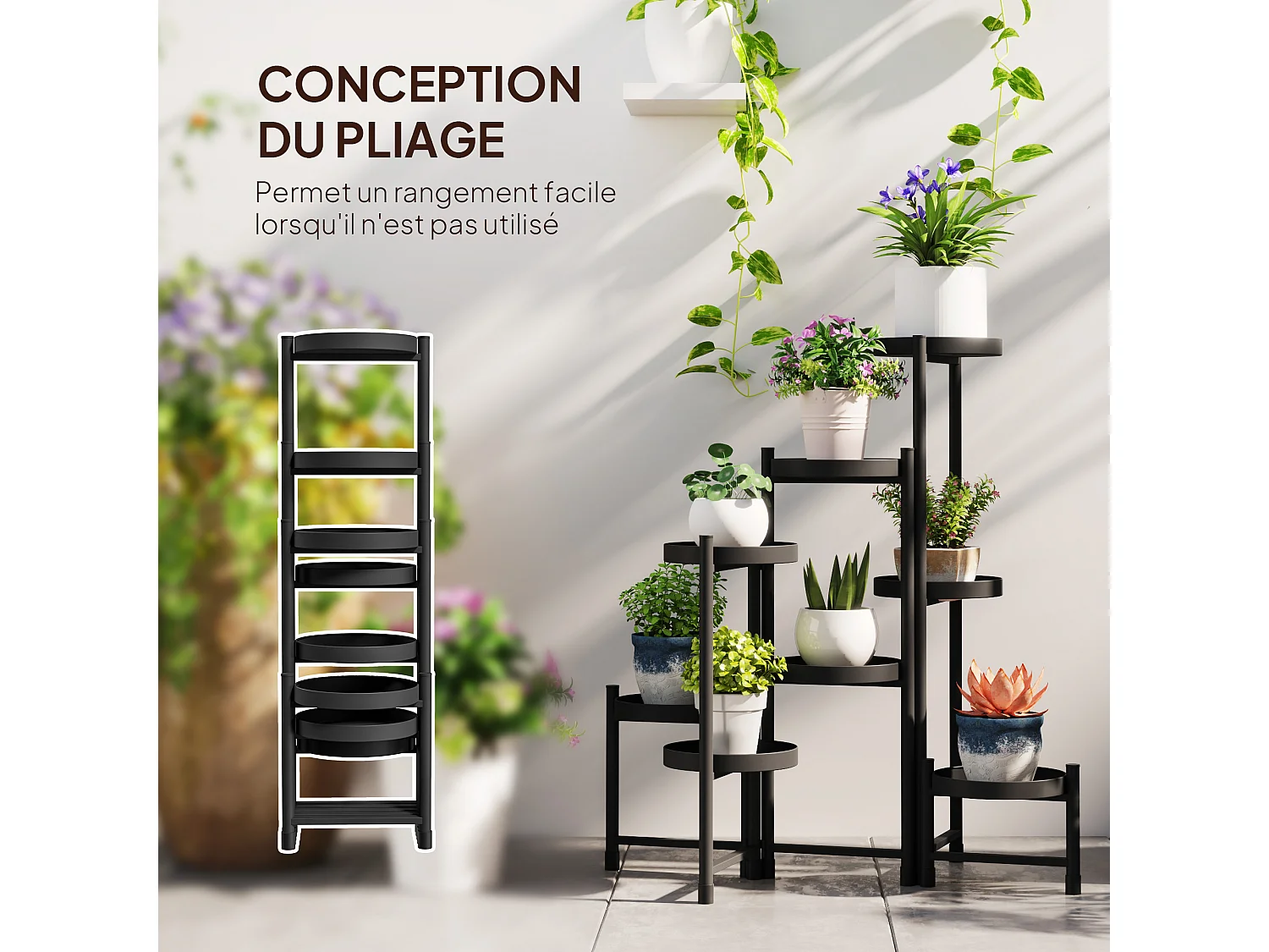 Étagère à fleurs design pliable - étagère pour plantes - 8 niveaux - métal thermolaqué noir