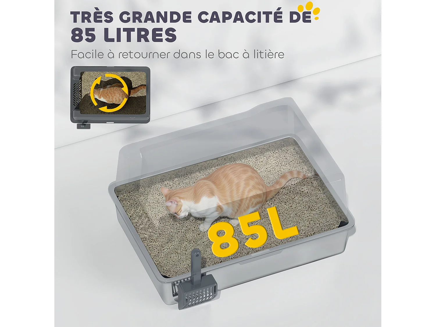 Maison de toilette XXL 85L design - bac à litière grande taille 71 x 50 x 35 cm - acier inox ABS gris