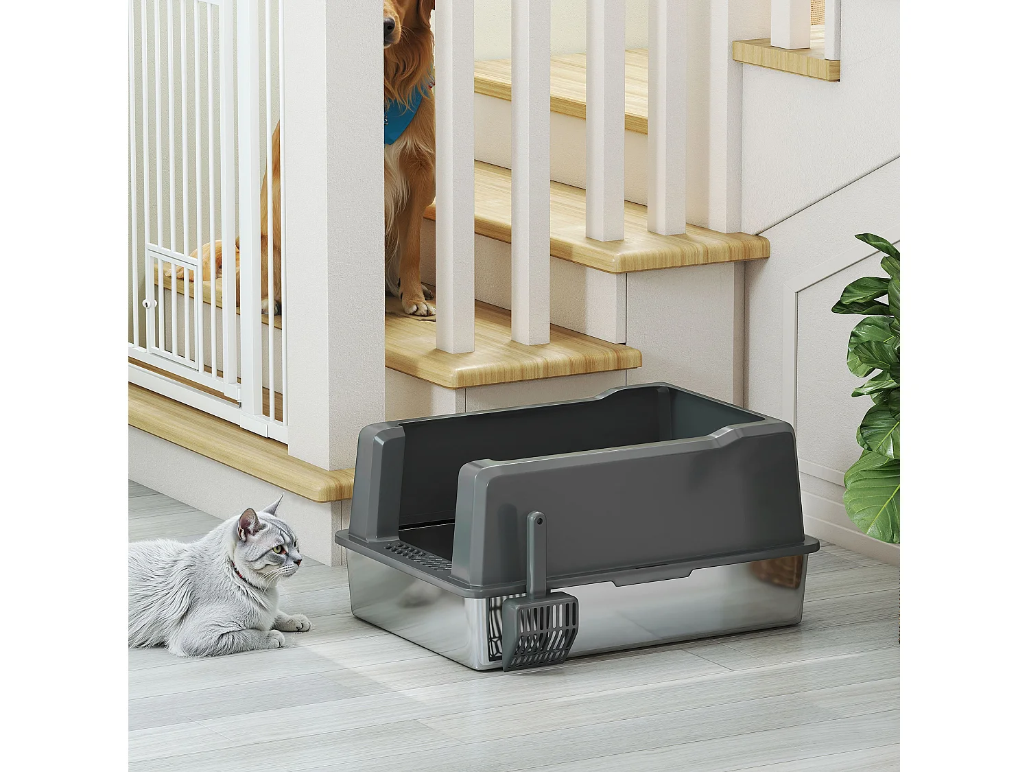 Maison de toilette XXL 85L design - bac à litière grande taille 71 x 50 x 35 cm - acier inox ABS gris