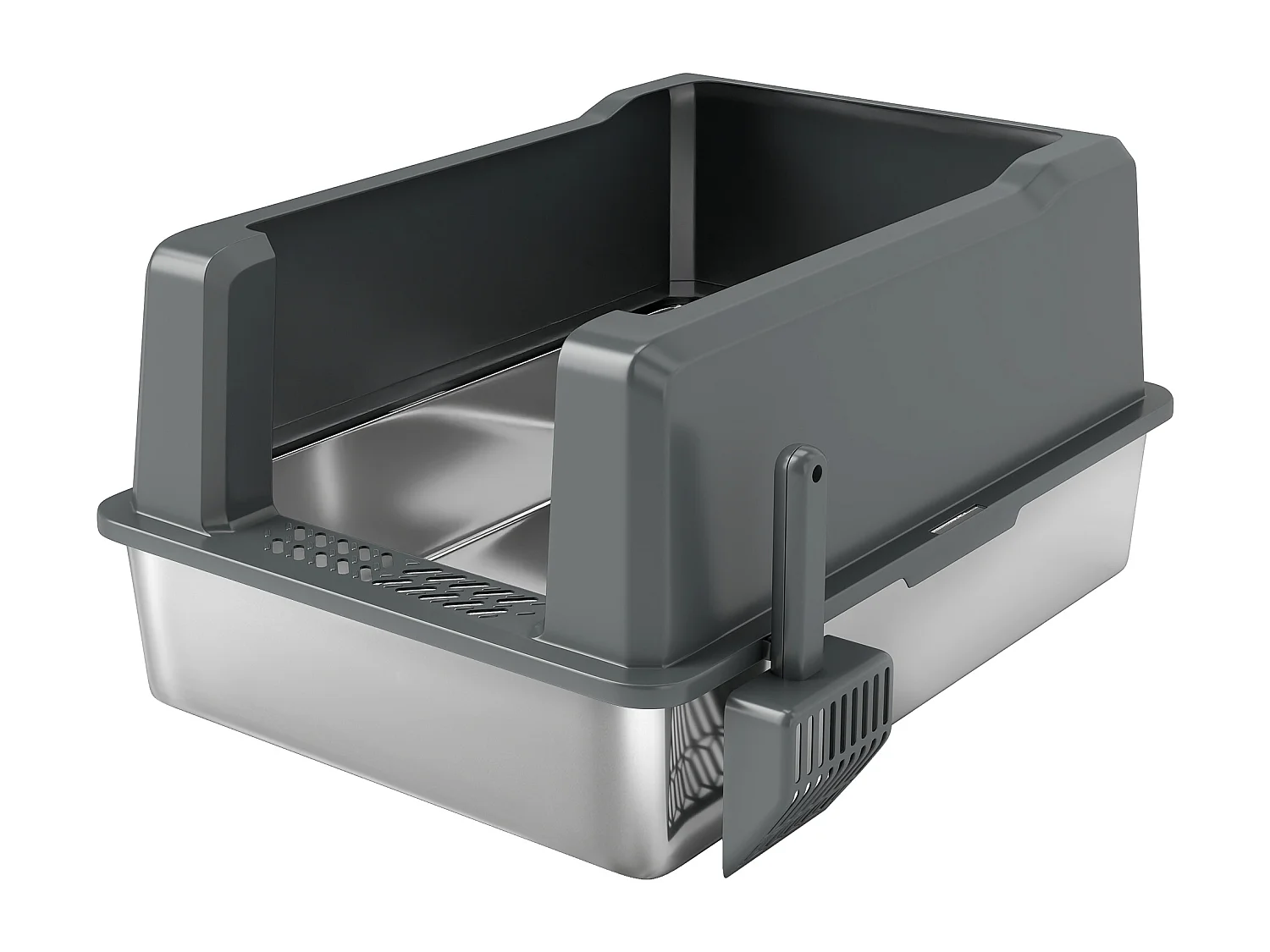 Maison de toilette XXL 85L design - bac à litière grande taille 71 x 50 x 35 cm - acier inox ABS gris