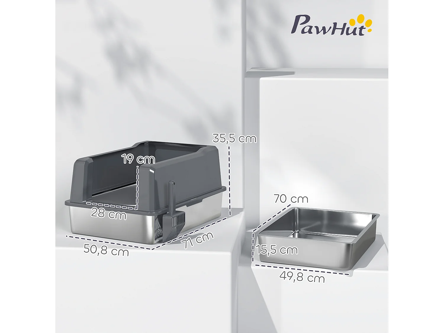 Maison de toilette XXL 85L design - bac à litière grande taille 71 x 50 x 35 cm - acier inox ABS gris