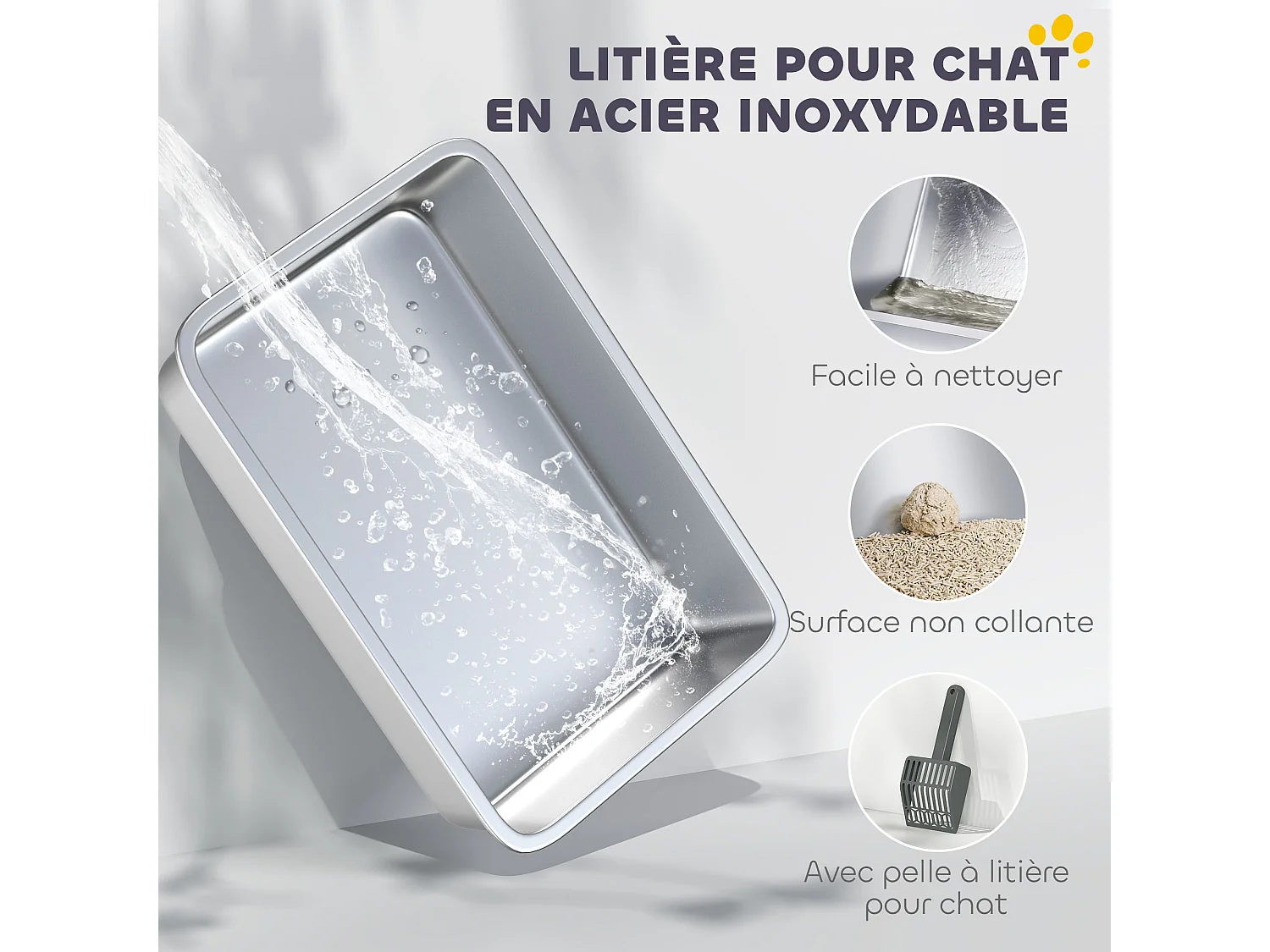 Maison de toilette XXL 85L design - bac à litière grande taille 71 x 50 x 35 cm - acier inox ABS gris