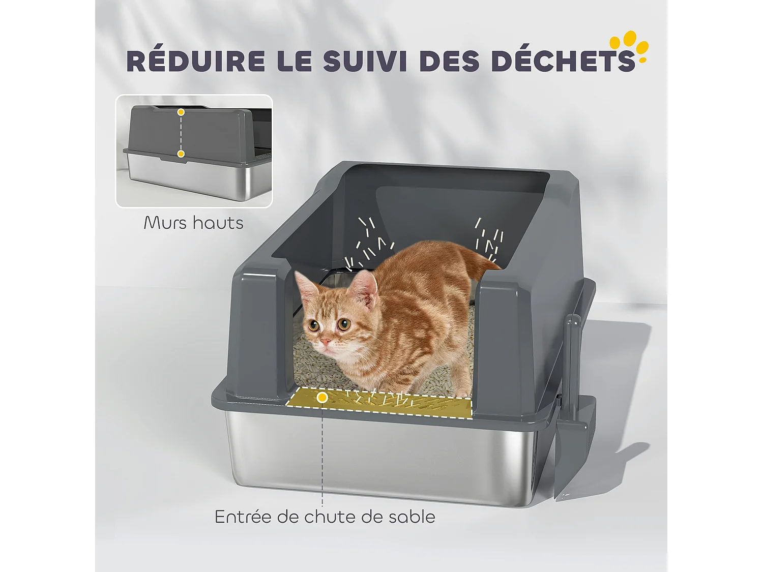 Maison de toilette XXL 85L design - bac à litière grande taille 71 x 50 x 35 cm - acier inox ABS gris