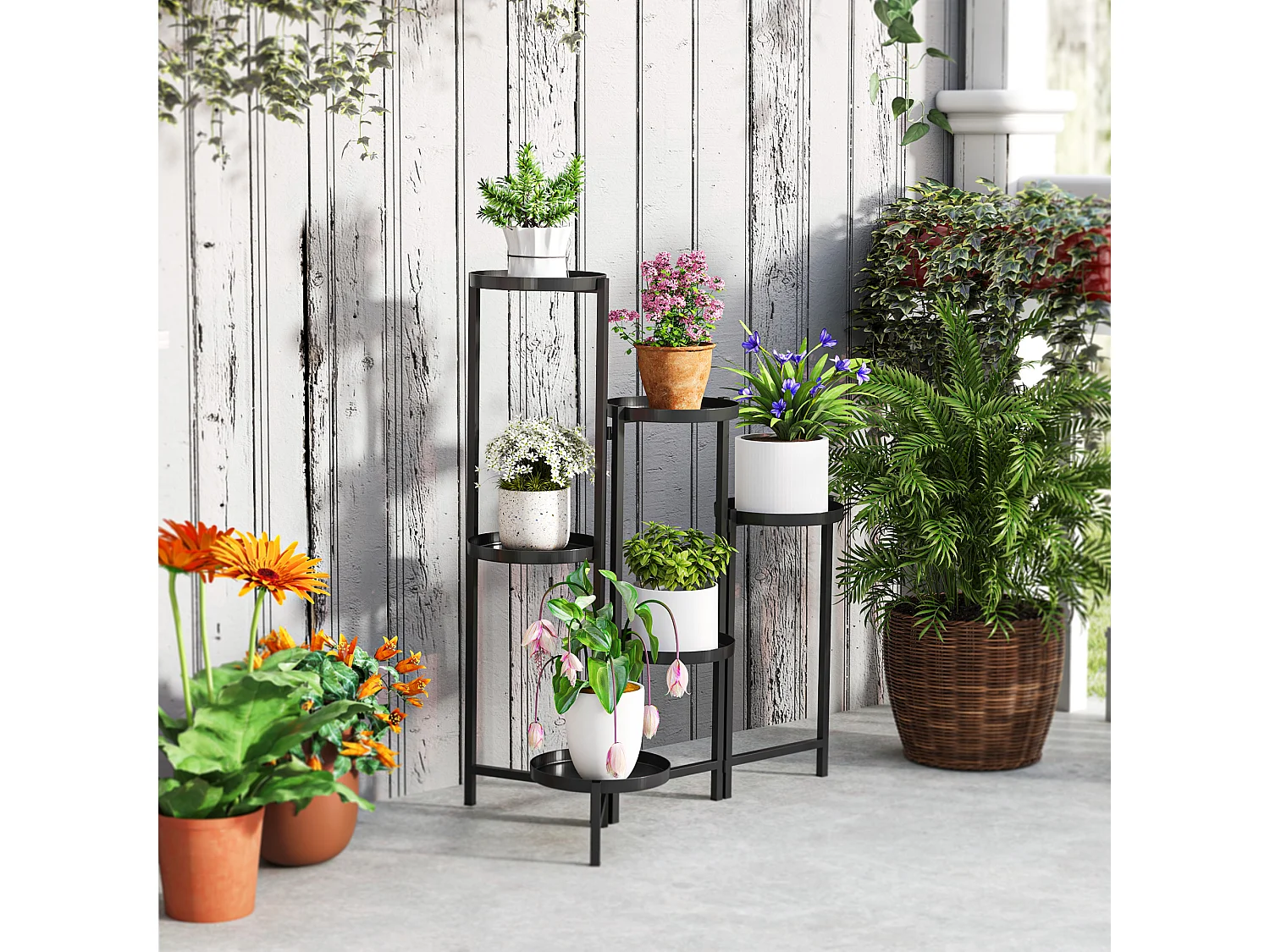 Étagère à fleurs design pliable - étagère pour plantes - 6 niveaux - métal thermolaqué noir
