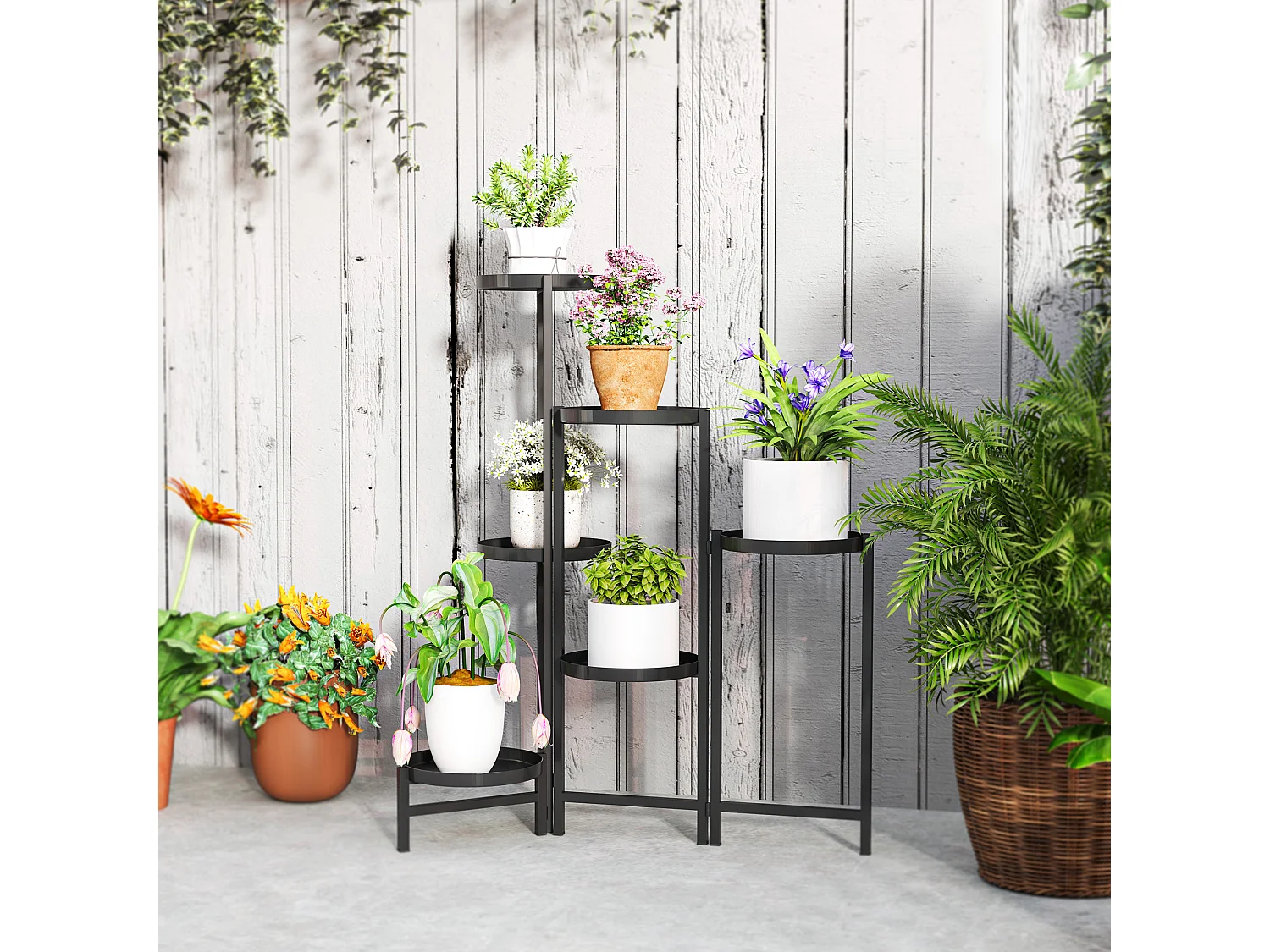 Étagère à fleurs design pliable - étagère pour plantes - 6 niveaux - métal thermolaqué noir