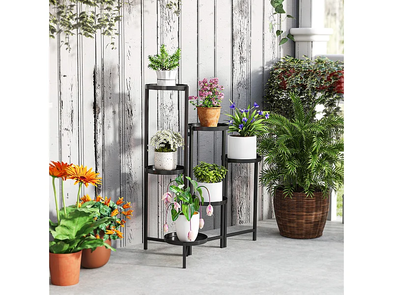 Étagère à fleurs design pliable - étagère pour plantes - 6 niveaux - métal thermolaqué noir