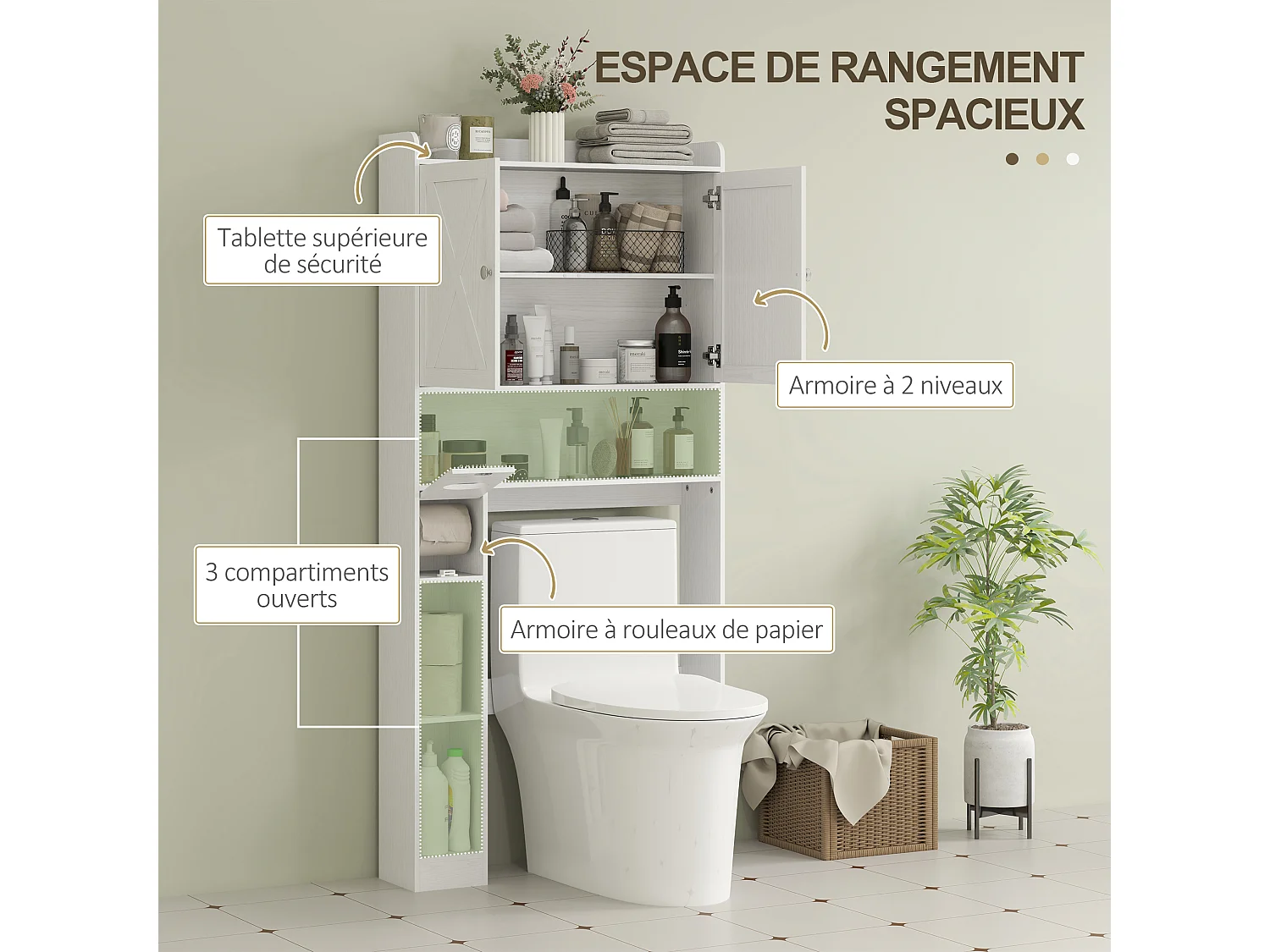 Meuble WC meuble dessus toilettes 2 portes étagère 3 niches porte-papier blanc