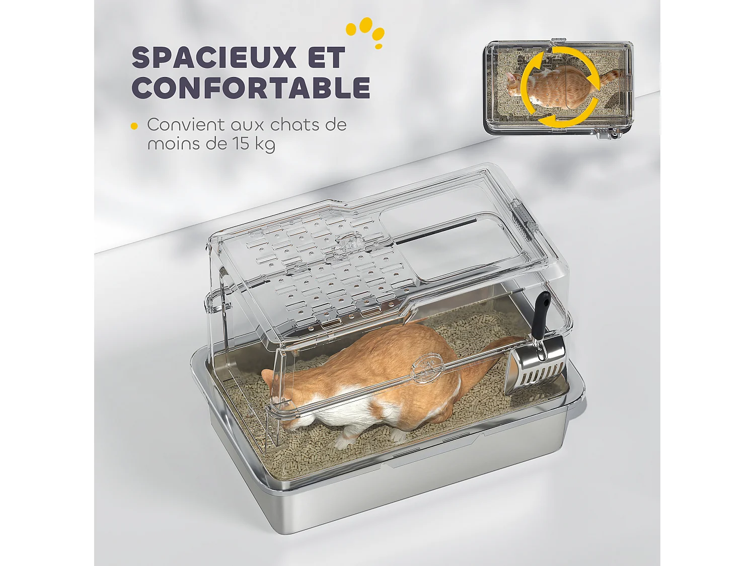 Maison de toilette bac à litière fermé acier inox - pelle, couvercle amovible, porte, anti-fuite - gris clair