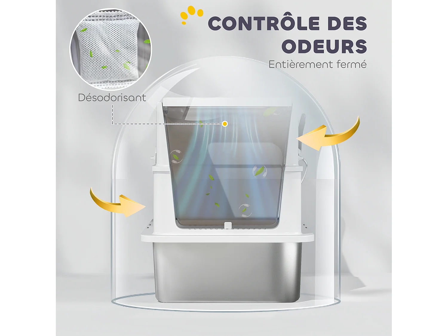 Maison de toilette bac à litière fermé acier inox - pelle, couvercle amovible, porte, anti-fuite - gris clair