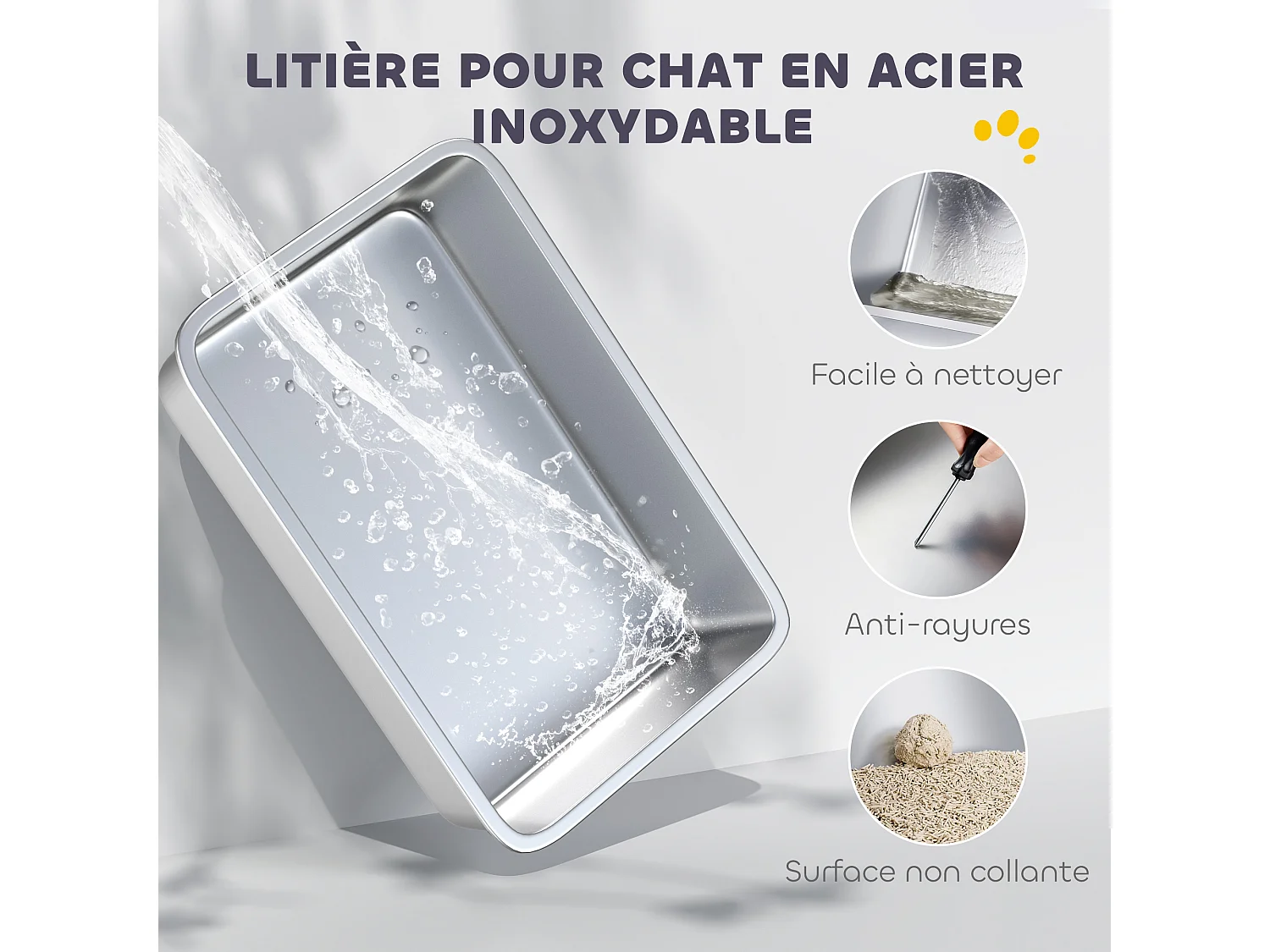 Maison de toilette bac à litière fermé acier inox - pelle, couvercle amovible, porte, anti-fuite - gris clair