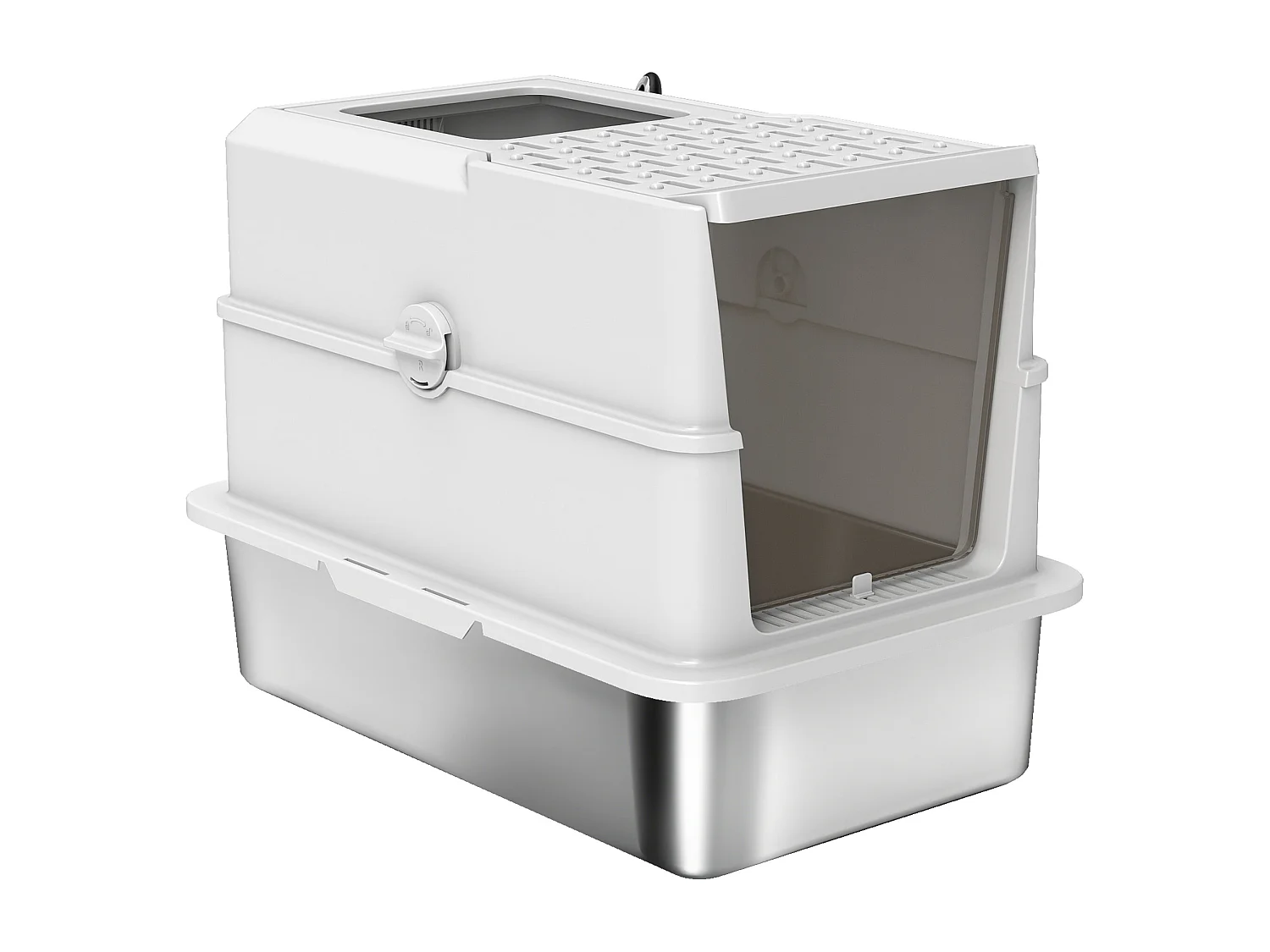 Maison de toilette bac à litière fermé acier inox - pelle, couvercle amovible, porte, anti-fuite - gris clair