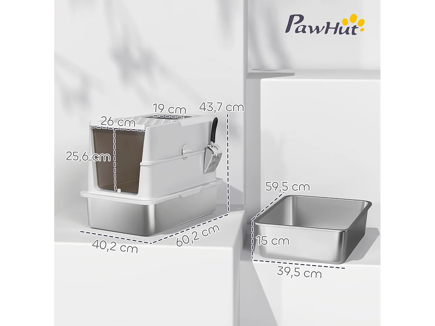 Maison de toilette bac à litière fermé acier inox - pelle, couvercle amovible, porte, anti-fuite - gris clair