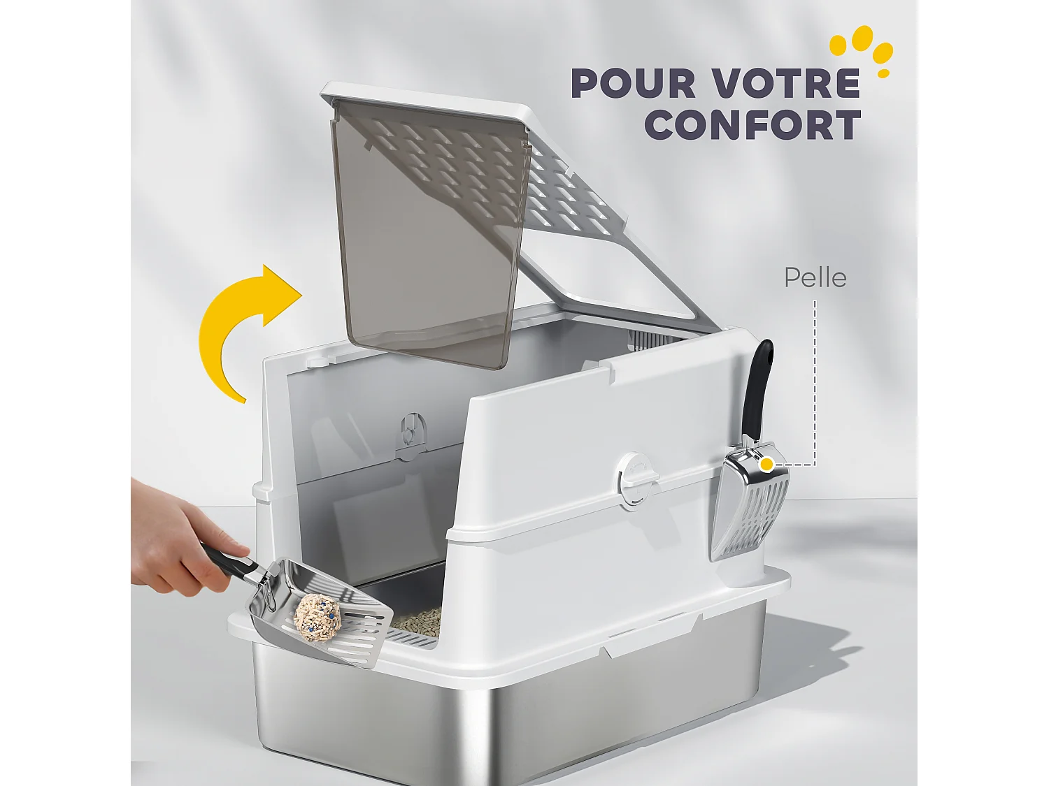 Maison de toilette bac à litière fermé acier inox - pelle, couvercle amovible, porte, anti-fuite - gris clair