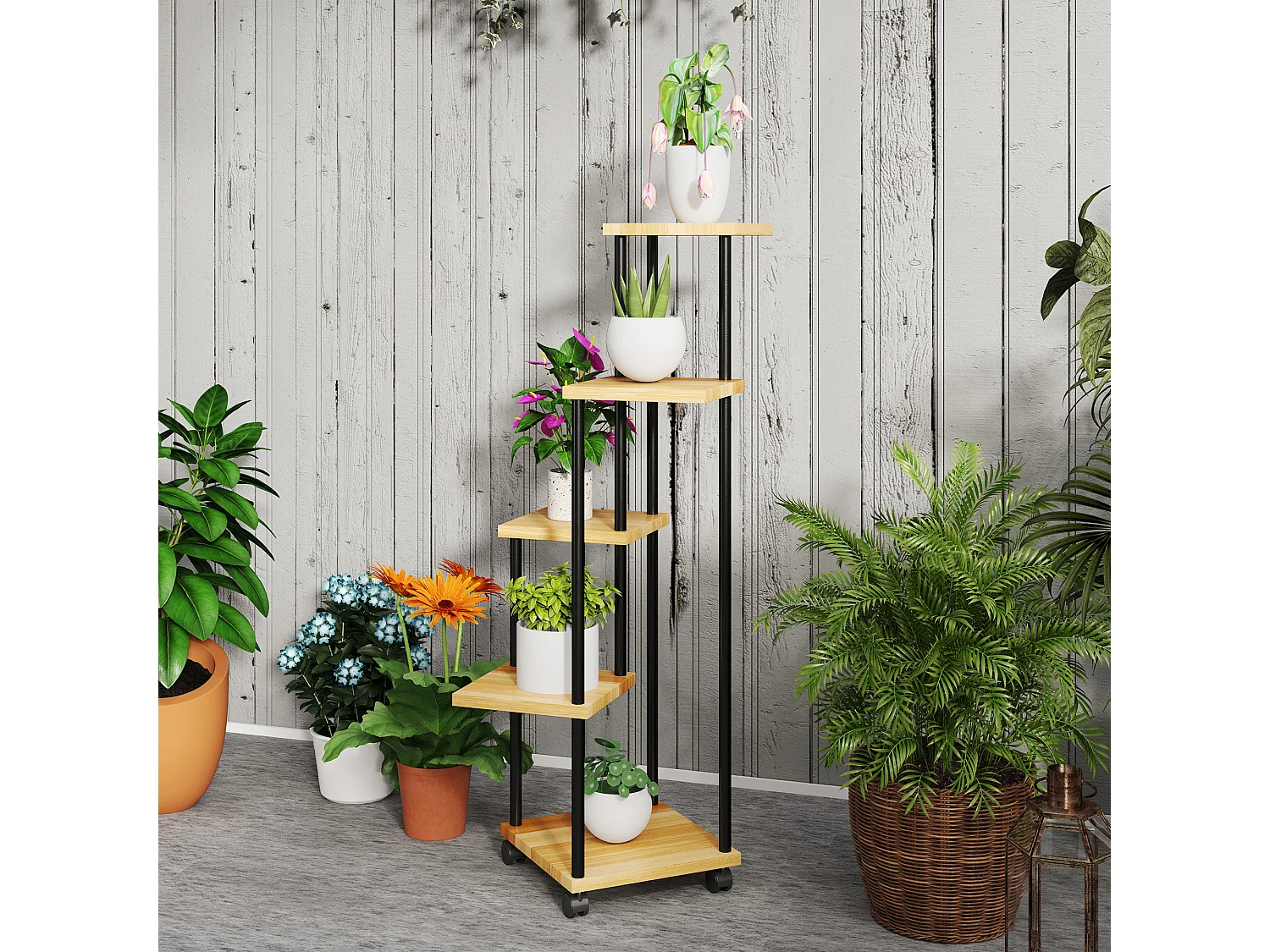 Etagère à fleurs 5 niveaux - 4 roulettes, 2 freins - acier époxy noir bois verni