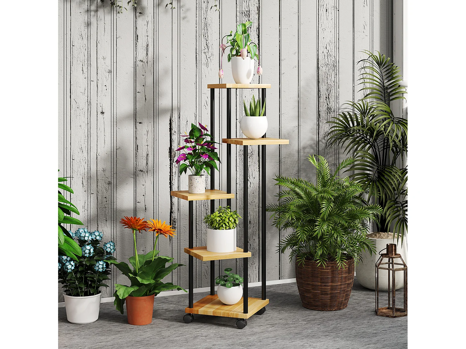 Etagère à fleurs 5 niveaux - 4 roulettes, 2 freins - acier époxy noir bois verni