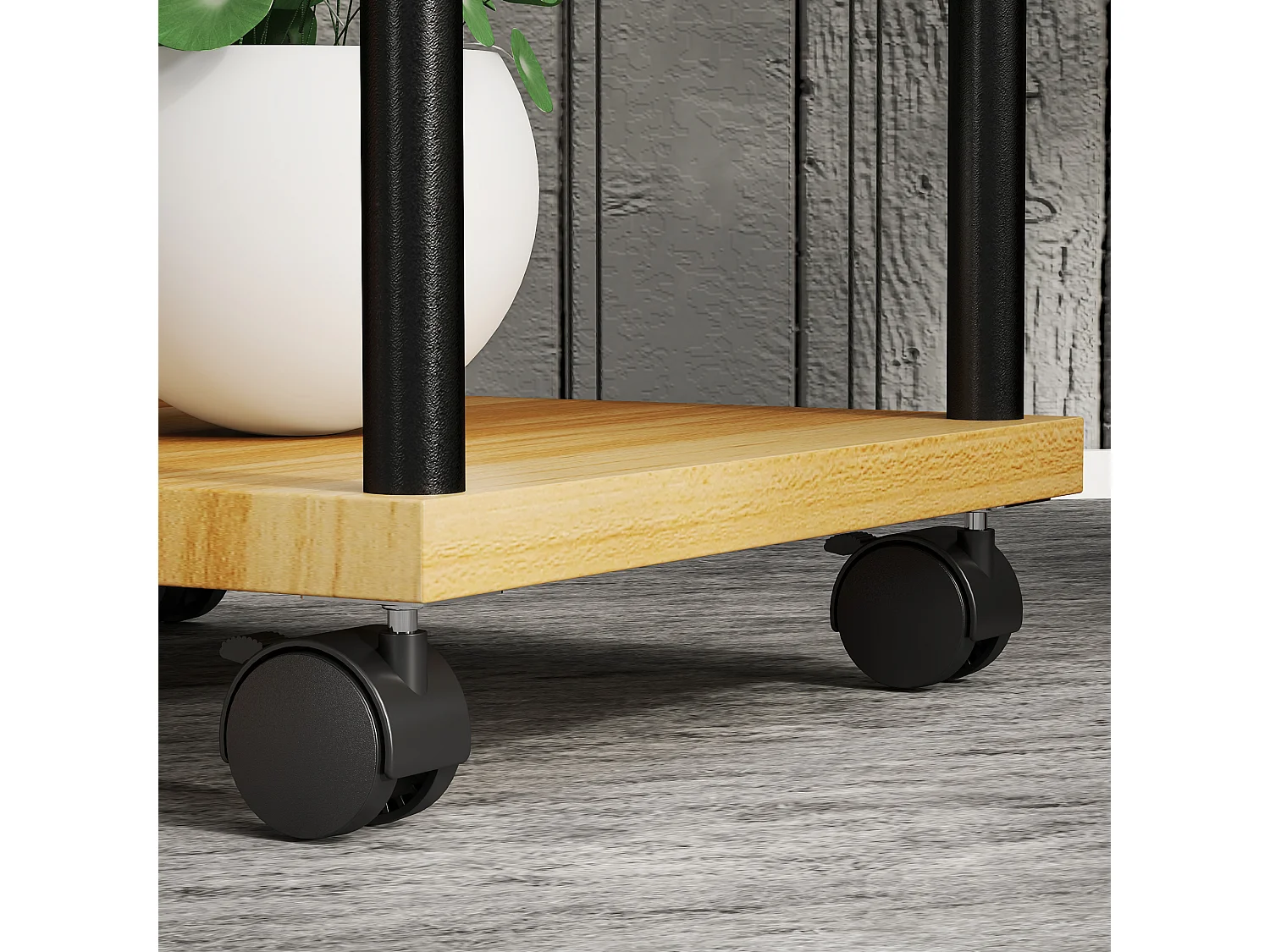 Etagère à fleurs 5 niveaux - 4 roulettes, 2 freins - acier époxy noir bois verni