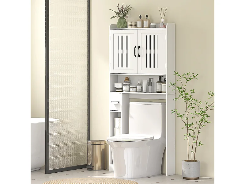 Meuble WC dessus de toilette 2 portes ajourées étagère 3 niches + rouleau papier blanc
